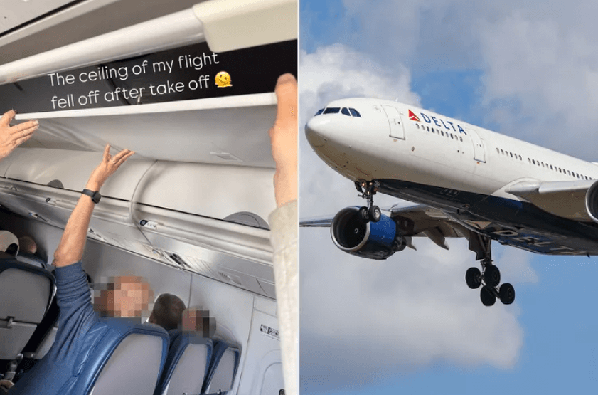 Pasajeros sosteniendo panel del techo colapsado en vuelo de Delta Flight 2417
